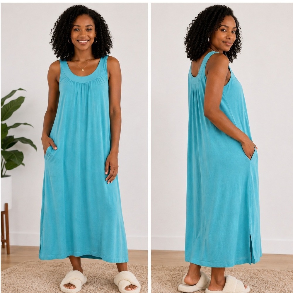 Stan Herman Women's Medium 100% Cotton Tank Lounger Dress Pockets Aqua Blue